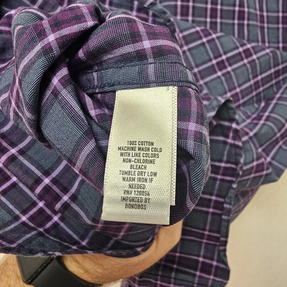 Bonobos Men's Large Gray Purple‎ Plaid Slim Fit Grid Check Button Down Shirt